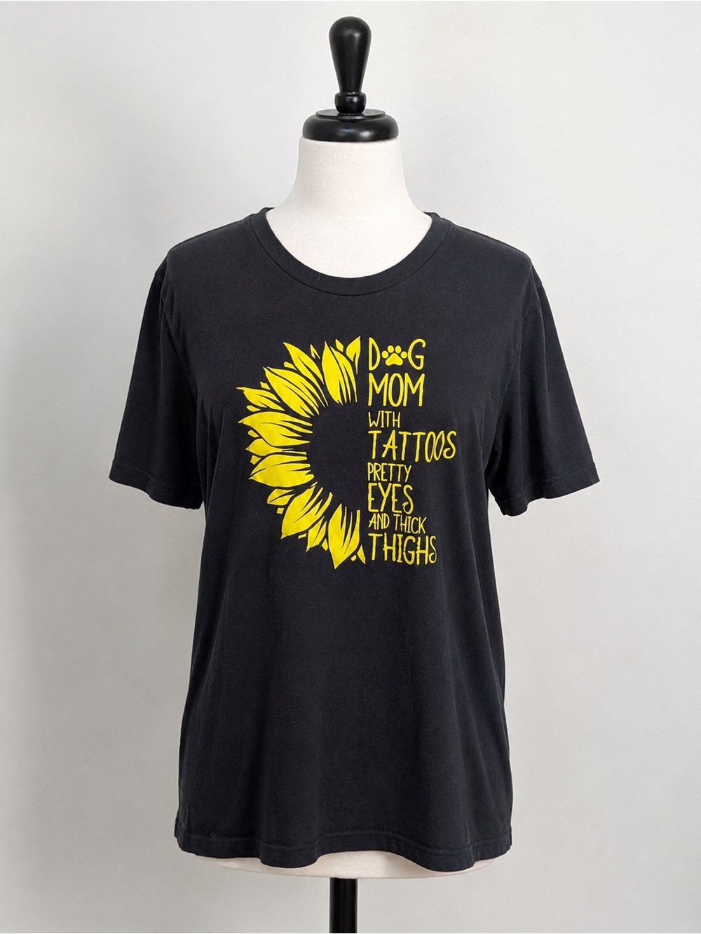 Bella+Canvas Women’s Large Dog Mom Sunflower Graphic T-Shirt Black Yellow Cotton